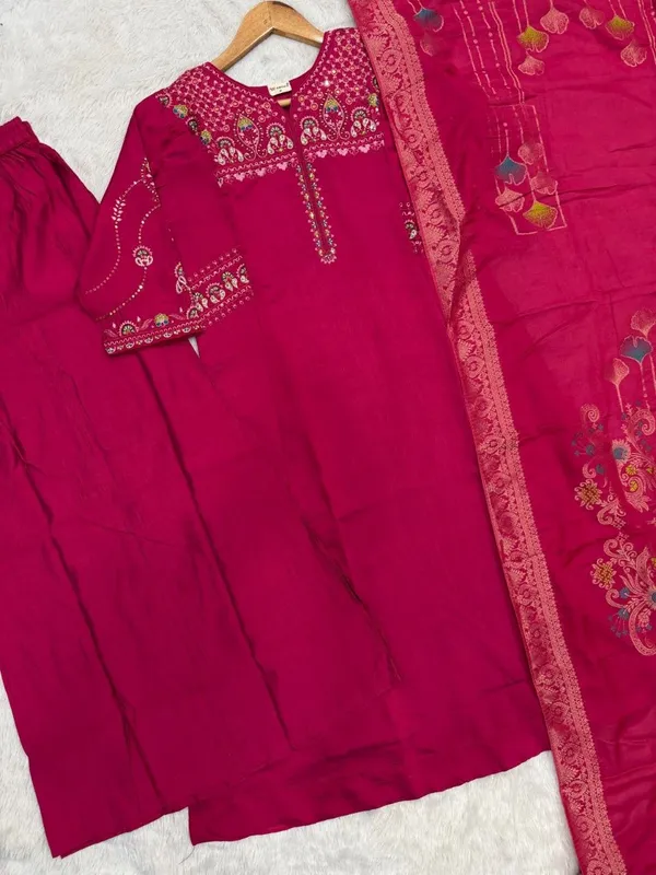 Embroidered_Rani_Mango_Silk_Kurti,_Plazo_&_Dupatta_Set
