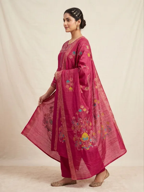 Embroidered_Rani_Mango_Silk_Kurti,_Plazo_&_Dupatta_Set