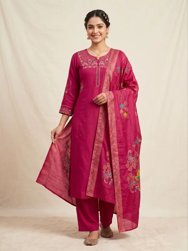 Embroidered_Rani_Mango_Silk_Kurti,_Plazo_&_Dupatta_Set