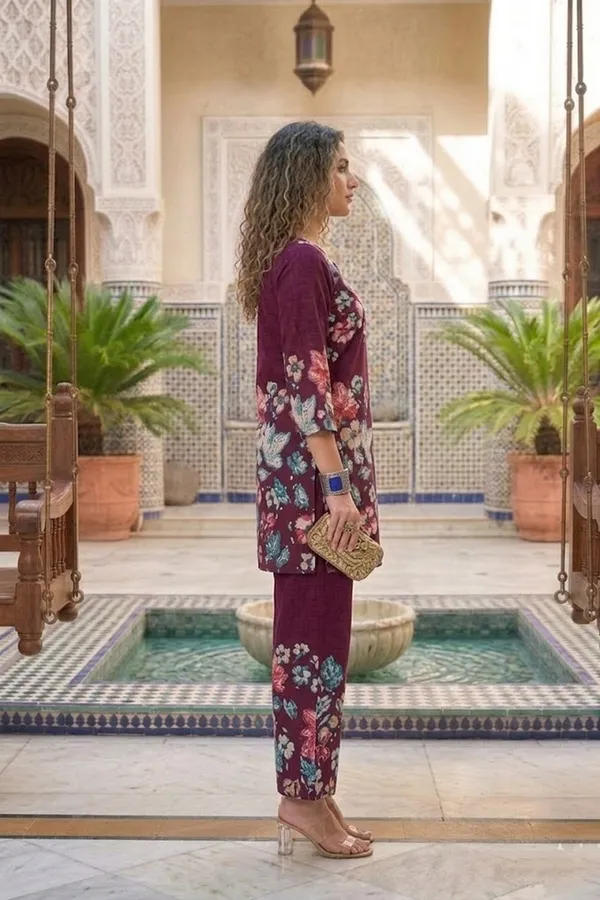 Maroon_Floral_Printed_Kurti_Co-Ord_Set
