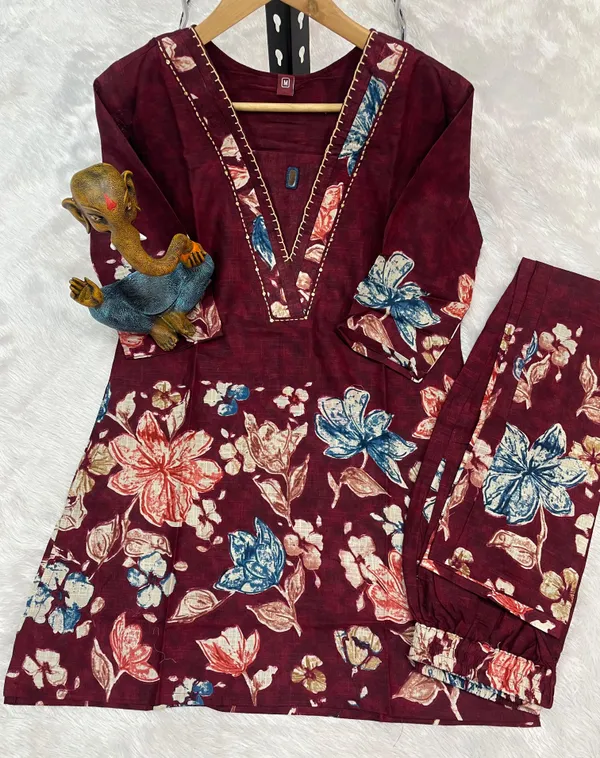 Maroon_Floral_Printed_Kurti_Co-Ord_Set