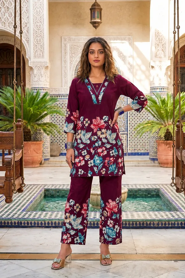 Maroon_Floral_Printed_Kurti_Co-Ord_Set