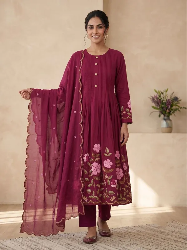 Pure_Cotton_Designer_Rani_Anarkali_Kurti_Set_with_Embroidery_Dupatta