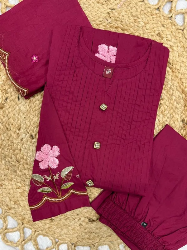 Pure_Cotton_Designer_Rani_Anarkali_Kurti_Set_with_Embroidery_Dupatta