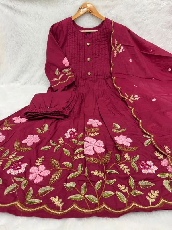 Pure_Cotton_Designer_Rani_Anarkali_Kurti_Set_with_Embroidery_Dupatta