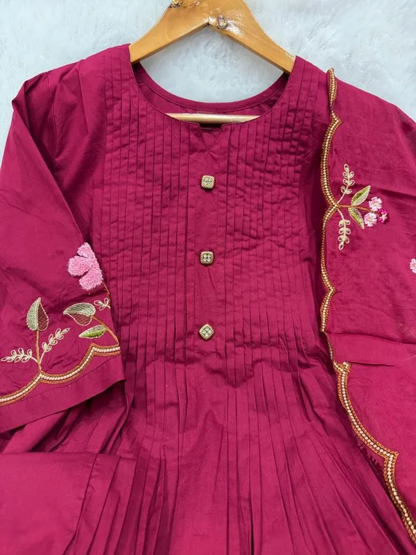 Pure_Cotton_Designer_Rani_Anarkali_Kurti_Set_with_Embroidery_Dupatta