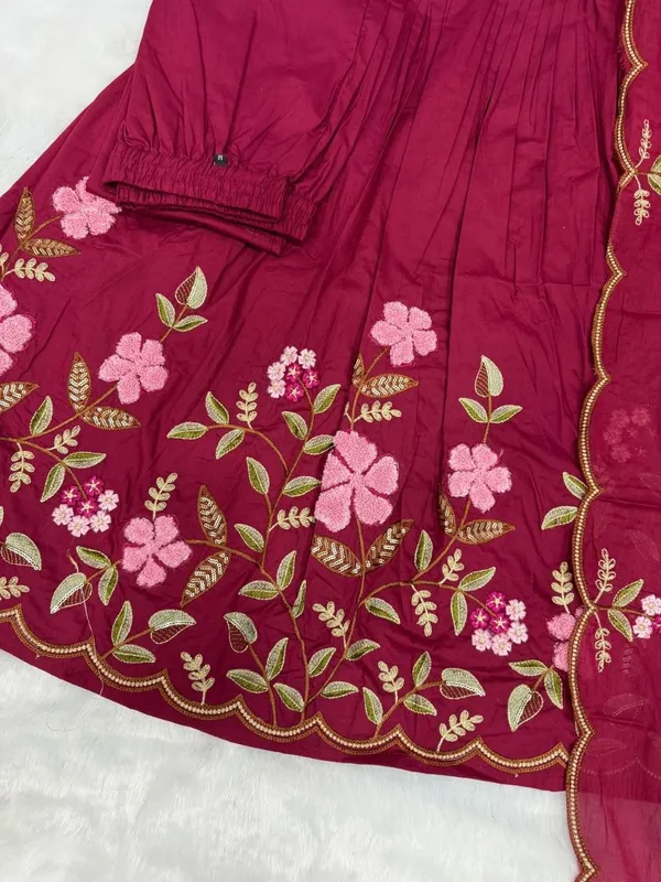 Pure_Cotton_Designer_Rani_Anarkali_Kurti_Set_with_Embroidery_Dupatta