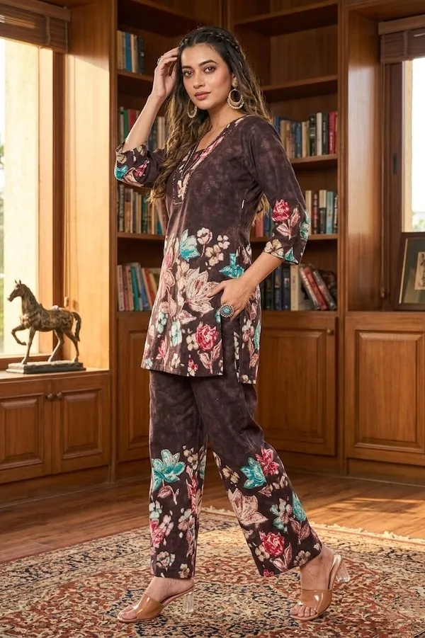 Women's_Dark_Brown_Floral_Printed_Co-ord_Set