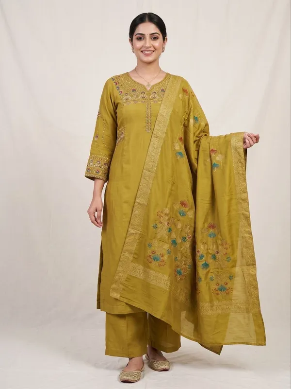 Embroidered_Mustard_Mango_Silk_Kurti,_Plazo_&_Dupatta_Set