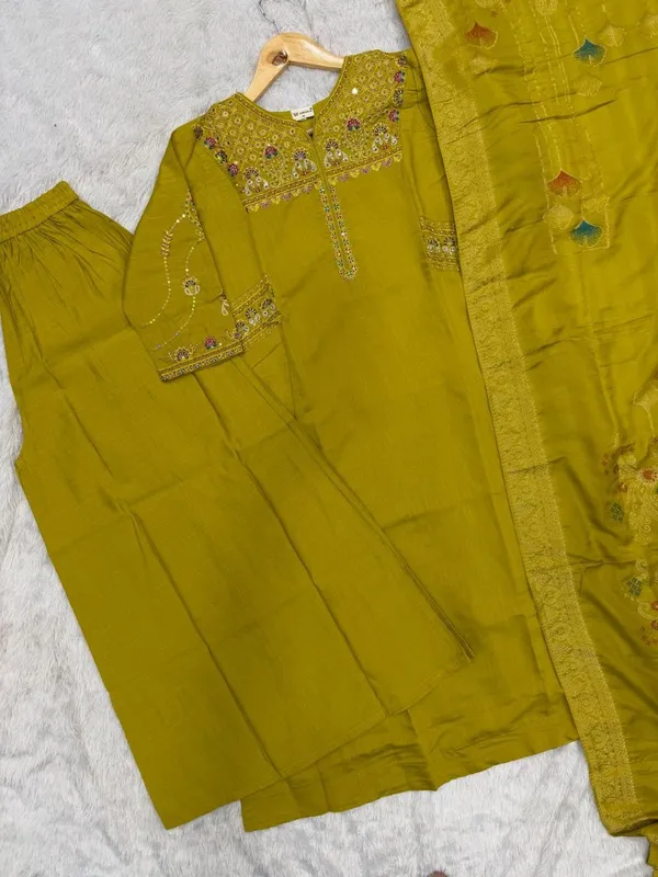 Embroidered_Mustard_Mango_Silk_Kurti,_Plazo_&_Dupatta_Set