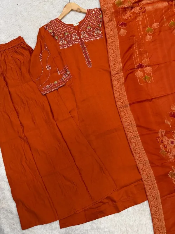 Embroidered_Orange_Mango_Silk_Kurti,_Plazo_&_Dupatta_Set