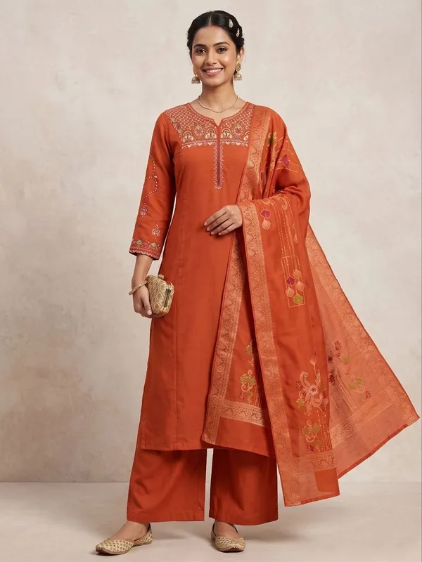 Embroidered_Orange_Mango_Silk_Kurti,_Plazo_&_Dupatta_Set