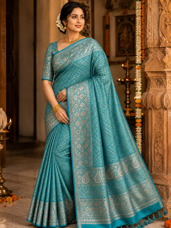 Turquoise_Silk_Paisley_Print_Traditional_South_Saree