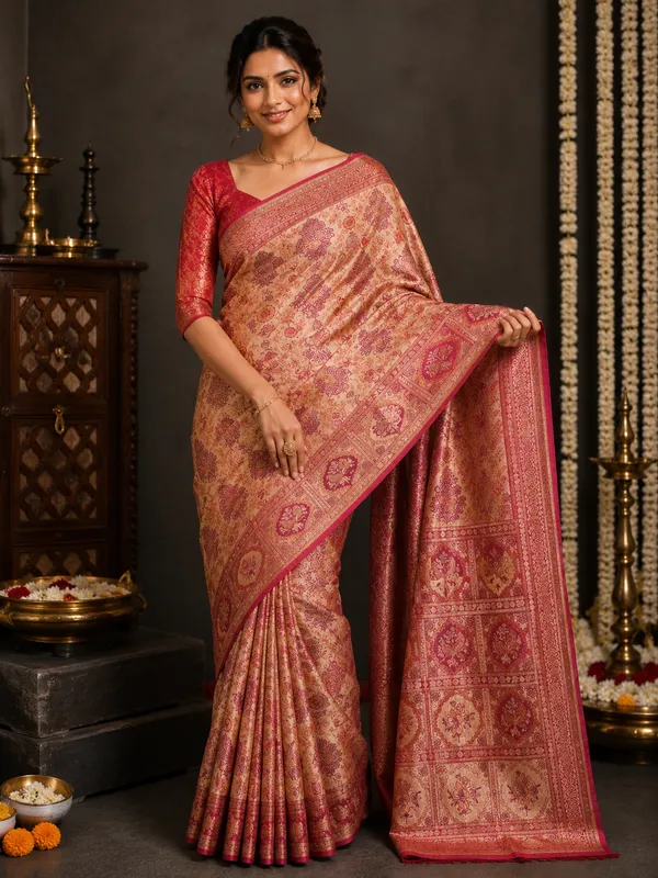 Peach_And_Maroon_Paisley_Print_Saree_With_Border