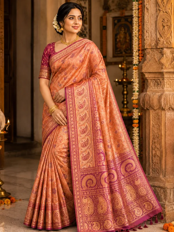 Peach_And_Maroon_Paisley_Print_Saree_With_Border