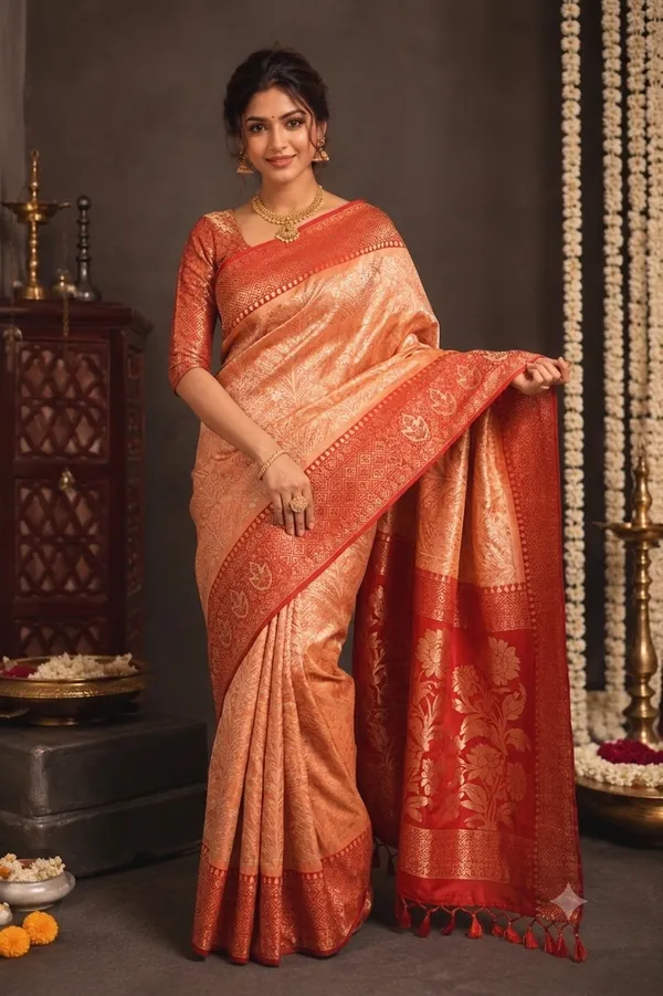 Peach_And_Maroon_Paisley_Print_Saree_With_Border