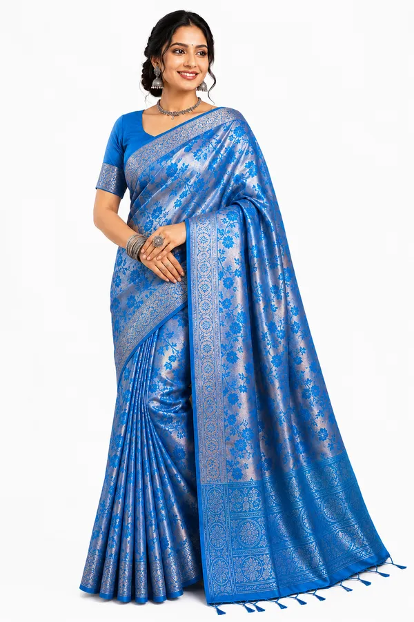 Blue_Grey_Silk_Blend_Woven_Saree_With_Floral_Pattern