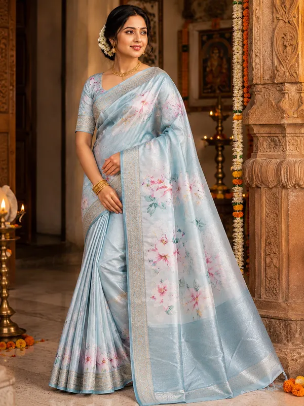 Blue_Floral_Print_Silk_Saree.