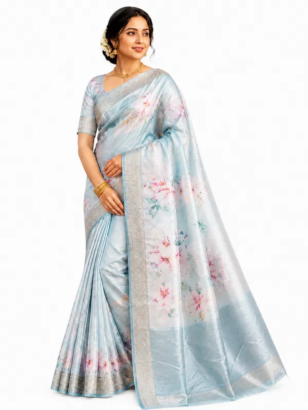 Blue_Floral_Print_Silk_Saree.