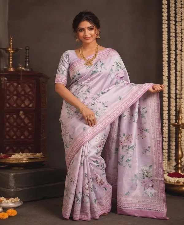 Blue_Floral_Print_Silk_Saree.