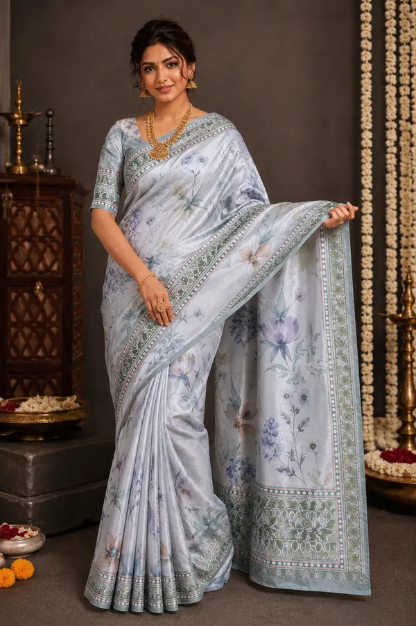 Blue_Floral_Print_Silk_Saree.