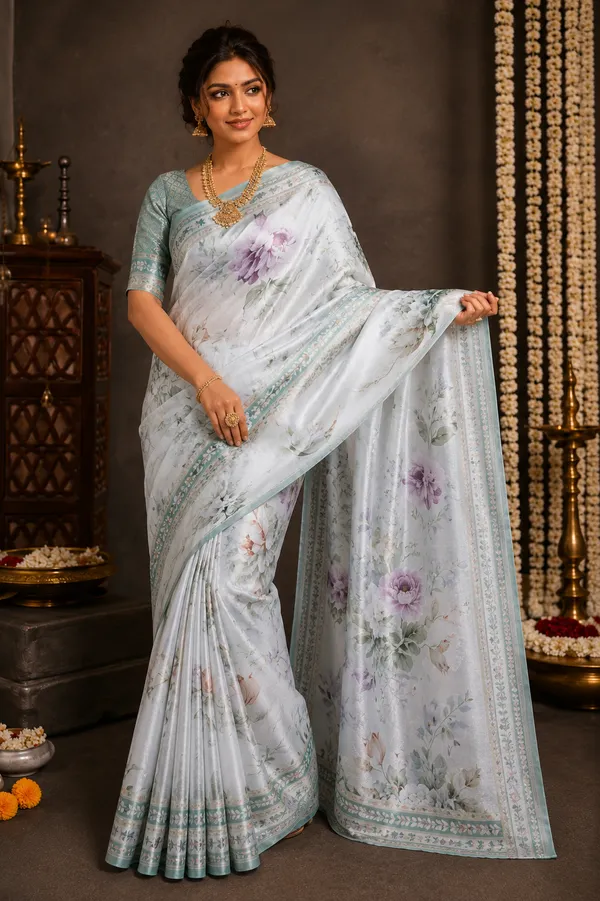 Blue_Floral_Print_Silk_Saree.