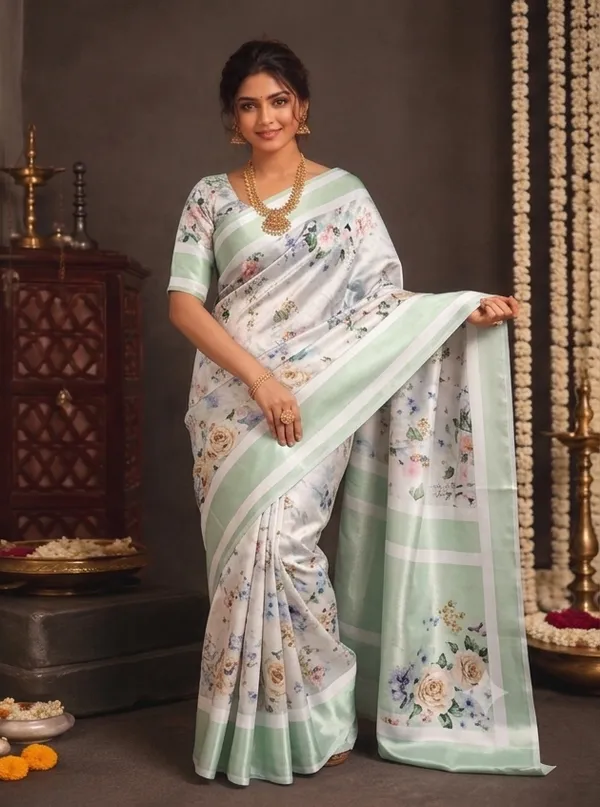 Blue_Floral_Print_Silk_Saree.