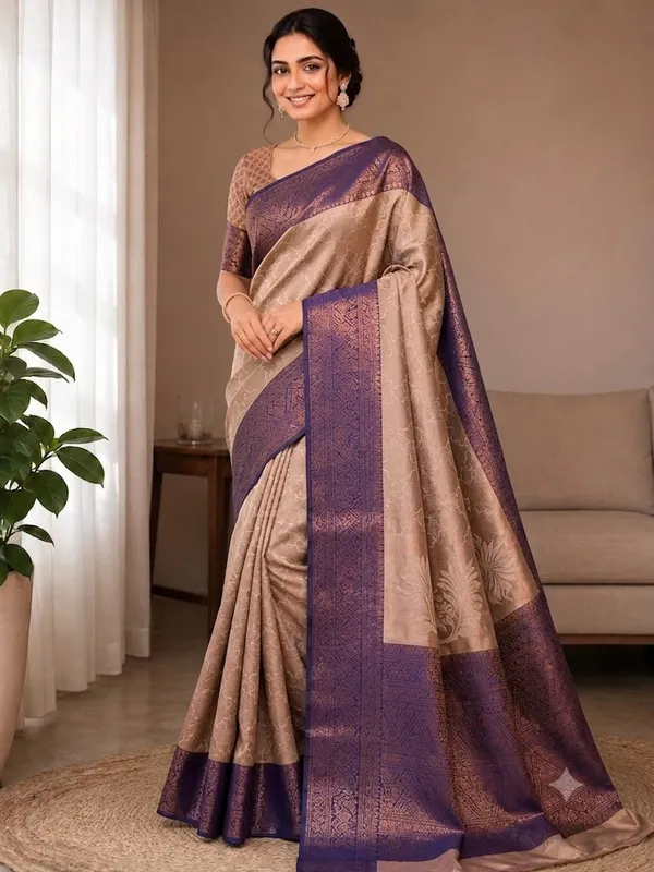 Teal_Green_Silk_Woven_Pattern__CatPadar_Saree_With_Purple_Border