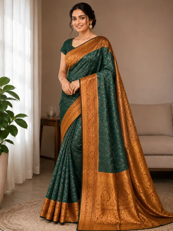 Teal_Green_Silk_Woven_Pattern__CatPadar_Saree_With_Purple_Border