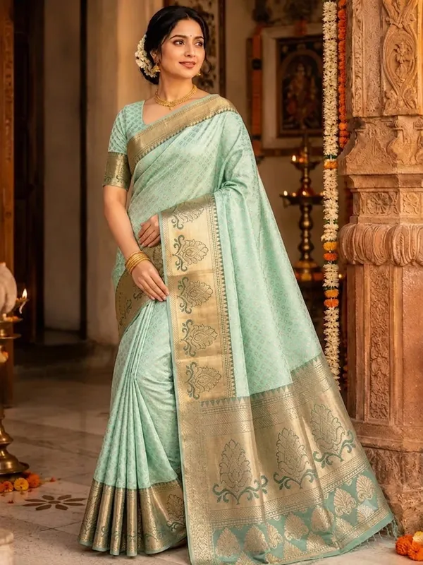 Peach_Silk_Brocade_Border_Saree_With_Purple_Zari_Work