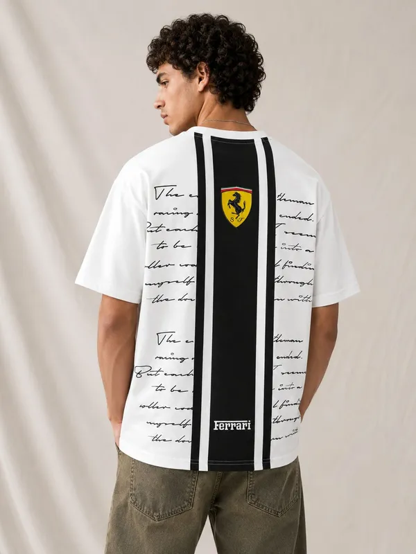 White_French_Terry_Cotton_Ferrari_Logo_Print_Crew_Neck_T-Shirt