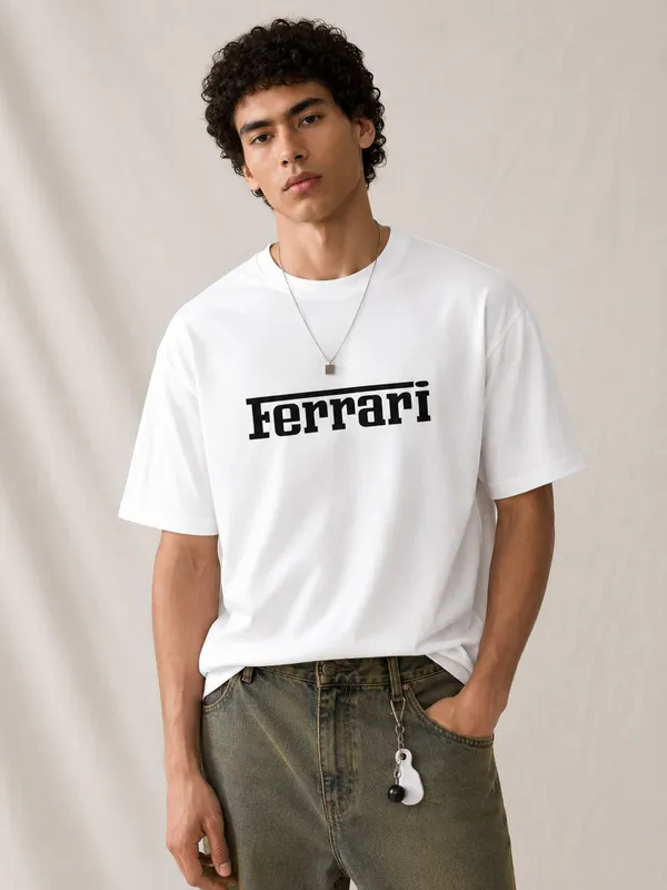 White_French_Terry_Cotton_Ferrari_Logo_Print_Crew_Neck_T-Shirt