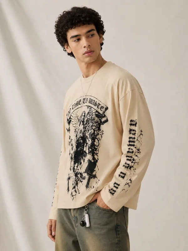 Cream_Graphic_Print_Long_Sleeve_T-Shirt_For_Men