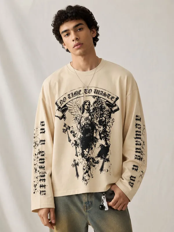 Cream_Graphic_Print_Long_Sleeve_T-Shirt_For_Men