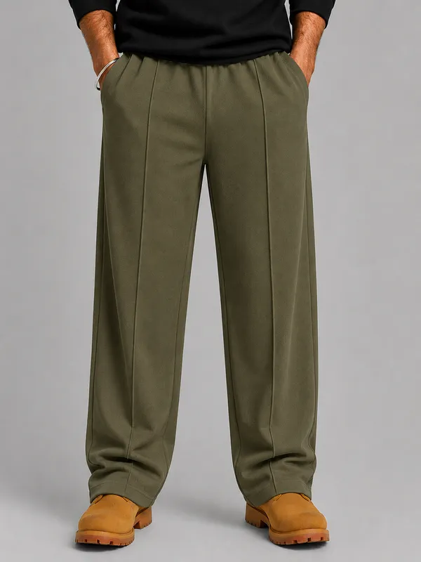 Olive_Green_Wide_Leg_Pleated_Trousers_For_Men