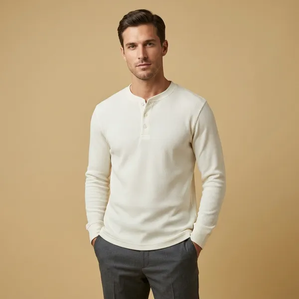 Cream_Waffle_Knit_Henley_Long_Sleeve_T-Shirt_For_Men