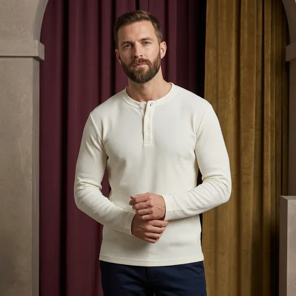 Cream_Waffle_Knit_Henley_Long_Sleeve_T-Shirt_For_Men