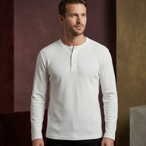 White_Waffle_Knit_Henley_Long_Sleeve_T-Shirt_For_Men