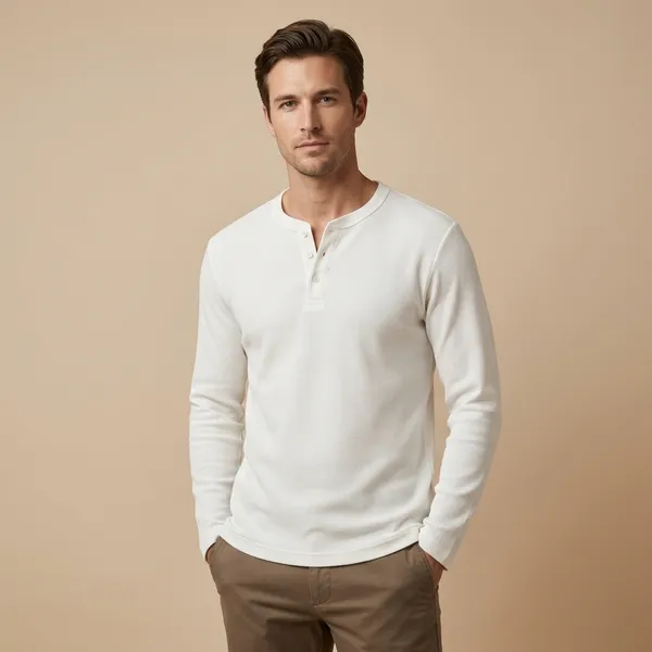 White_Waffle_Knit_Henley_Long_Sleeve_T-Shirt_For_Men