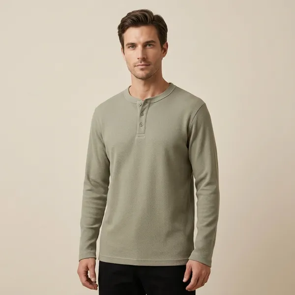 Olive_Green_Waffle_Knit_Henley_Long_Sleeve_T-Shirt_For_Men