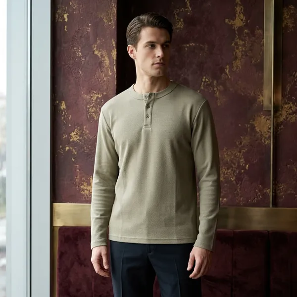 Olive_Green_Waffle_Knit_Henley_Long_Sleeve_T-Shirt_For_Men