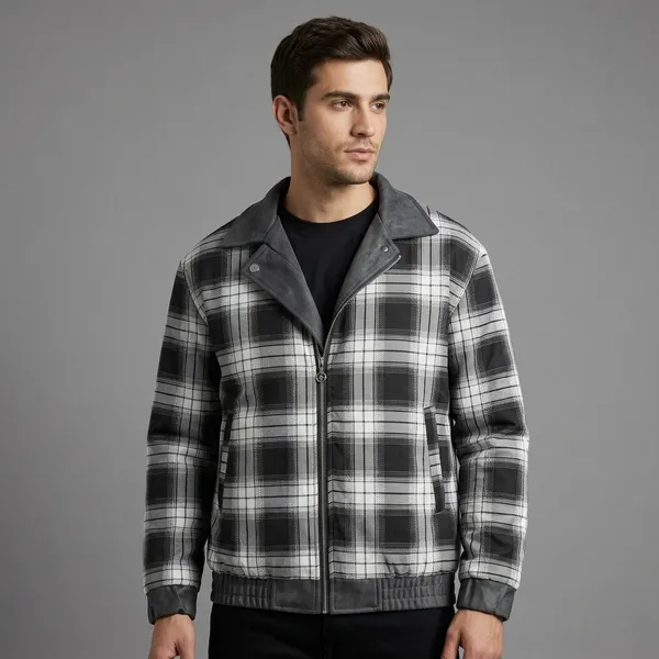 Black_White_Plaid_Checkered_Jacket_With_Grey_Collar_For_Men