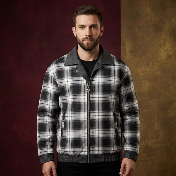 Black_White_Plaid_Checkered_Jacket_With_Grey_Collar_For_Men