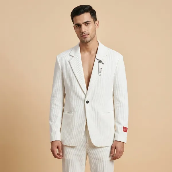White_Polycotton_Corduroy_Textured_Single_Button_Blazer_For_Men