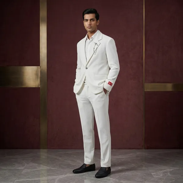 White_Polycotton_Corduroy_Textured_Single_Button_Blazer_For_Men