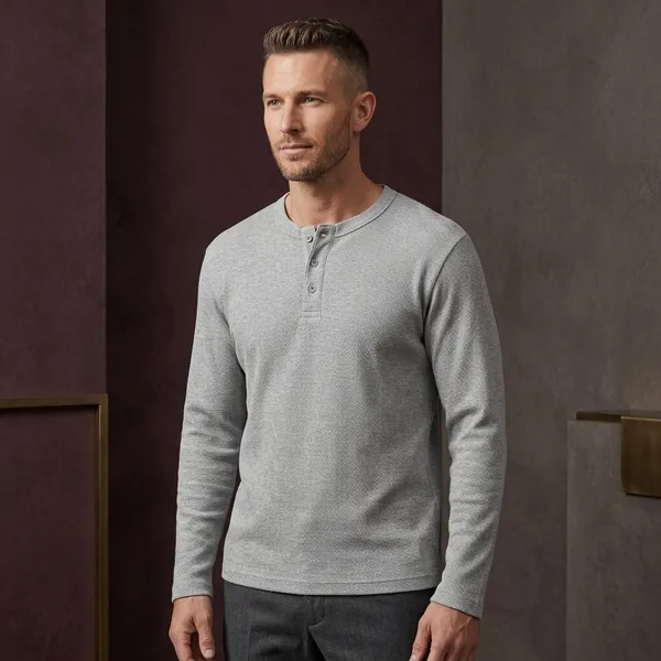 Grey_Waffle_Knit_Henley_Long_Sleeve_T-Shirt_For_Men