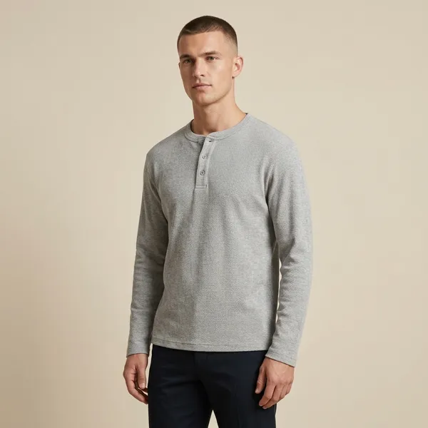 Grey_Waffle_Knit_Henley_Long_Sleeve_T-Shirt_For_Men