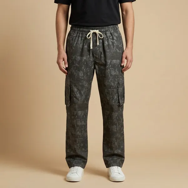 Dark_Grey_Camouflage_Print_Cargo_Pants_With_Drawstring
