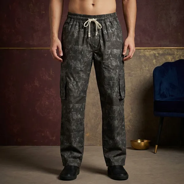 Dark_Grey_Camouflage_Print_Cargo_Pants_With_Drawstring