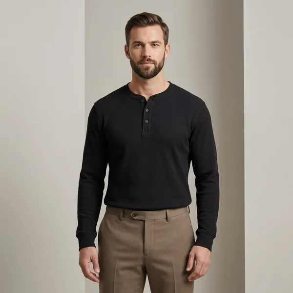 Black_Waffle_Knit_Henley_Long_Sleeve_T-Shirt_For_Men